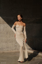 Ingrid Metallic Knit Maxi Dress in Bronze – Chic&Drifts