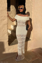 Solstice Off Shoulder Crochet Knit Maxi Dress in Ivory – Chic&Drifts