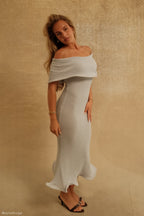 Molly Off Shoulder Knit Midi Dress in Sky Blue – Chic&Drifts