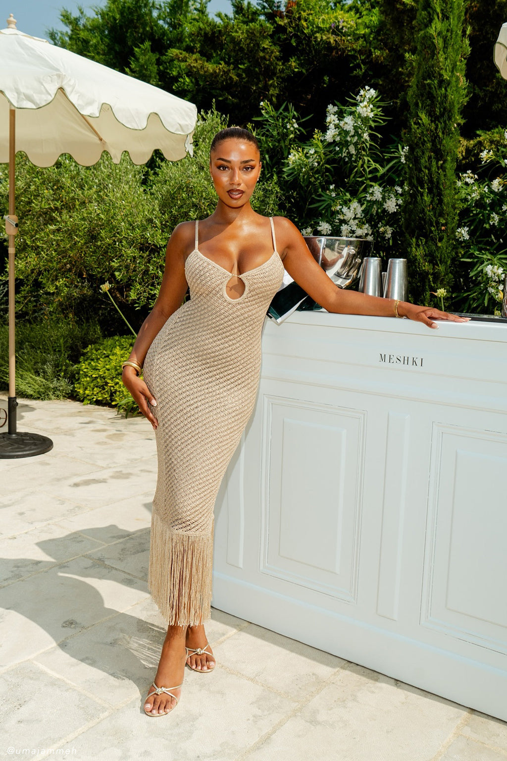 Raelynn Metallic Knit Fringe Midi Dress in Gold – Chic&Drifts