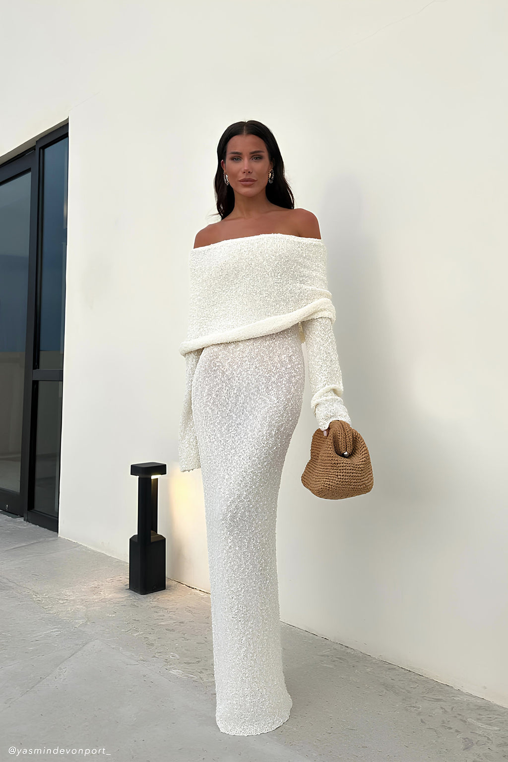 Marisol Off Shoulder Boucle Maxi Dress in Ivory – Chic&Drifts